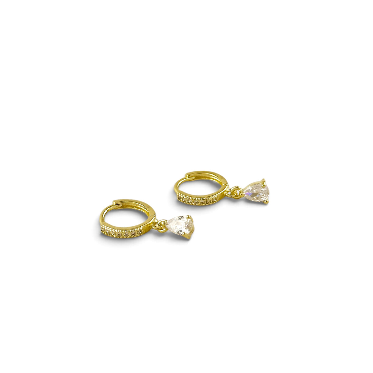 CZ Drop Huggie 18K Gold Filled Hoop Earrings on White Background