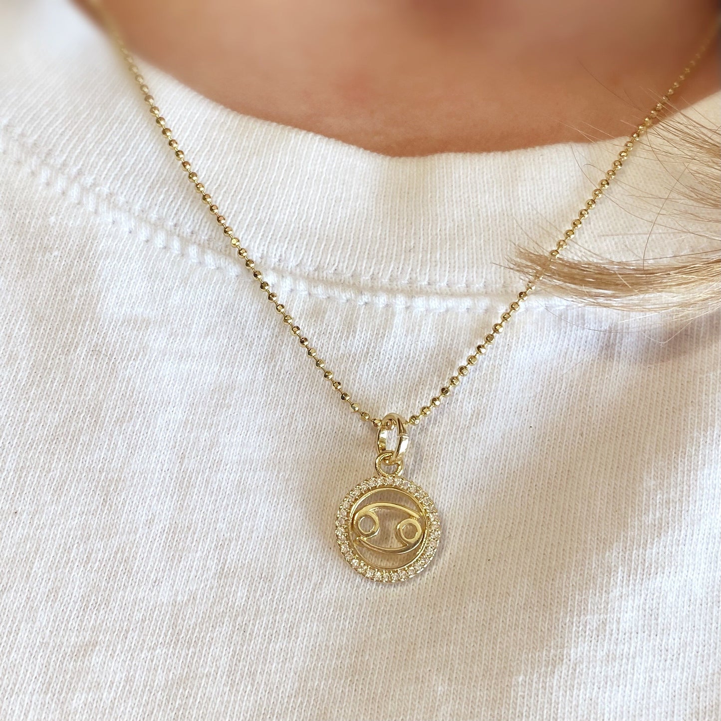 Cancer Zodiac 18K Gold Filled Pendant on Model