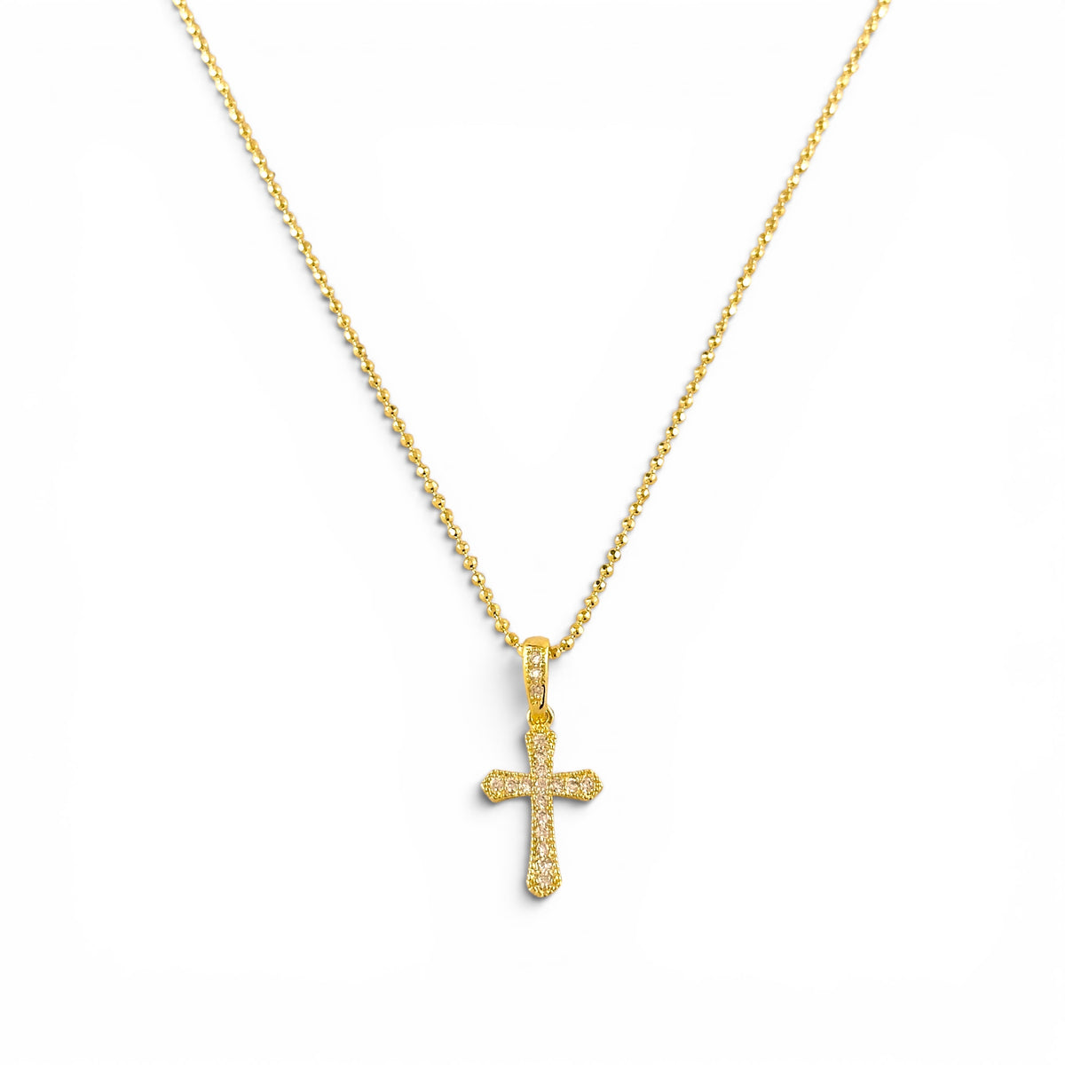 Cross Pavé CZ Necklace in 18K Gold Filled on white background