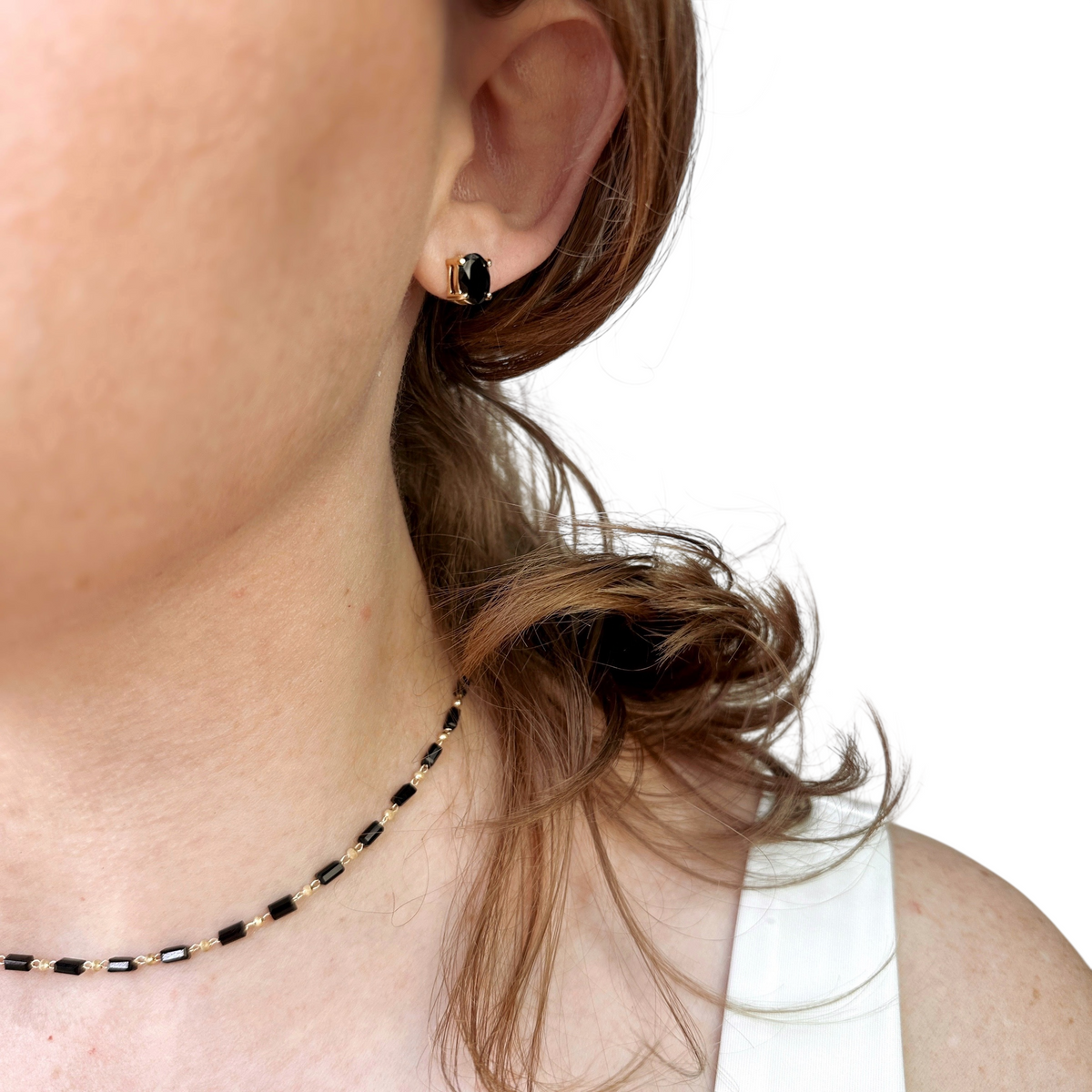 Oval Black CZ 7mm Stud Earrings in 18K gold-filled, view 4