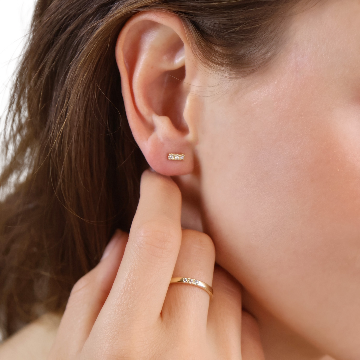 Three Stone CZ Bar 6mm Stud Earrings in 18K gold-filled, view 4