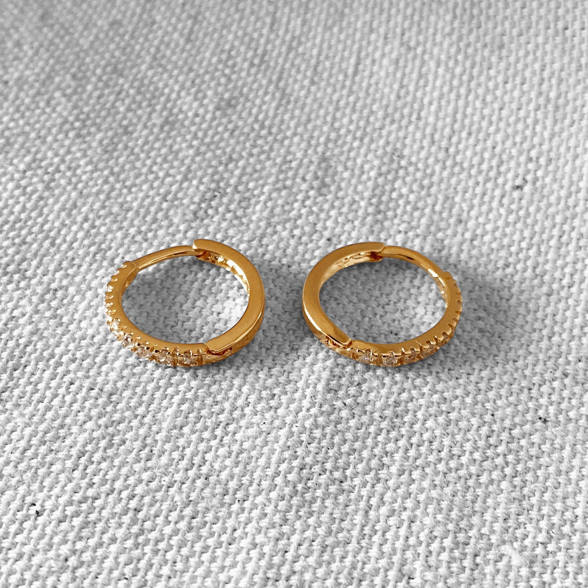 Slim CZ Huggie 15mm Hoop Earrings in 18K gold-filled, view 5