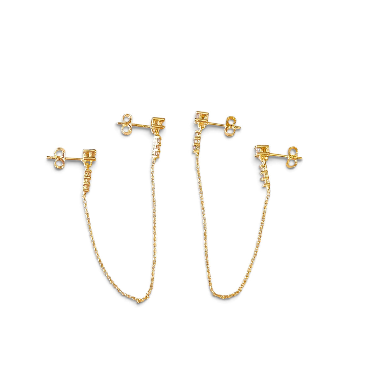 Double Piercing CZ Chain Earrings in 18K gold-filled, view 5