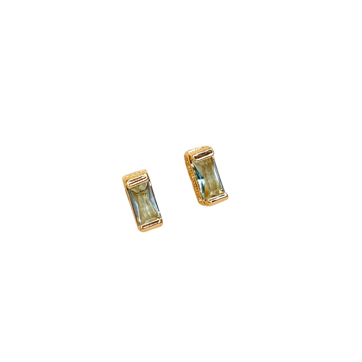Birthstone Baguette Bezel CZ 10mm Stud Earrings in 18K gold-filled, December Blue Topaz