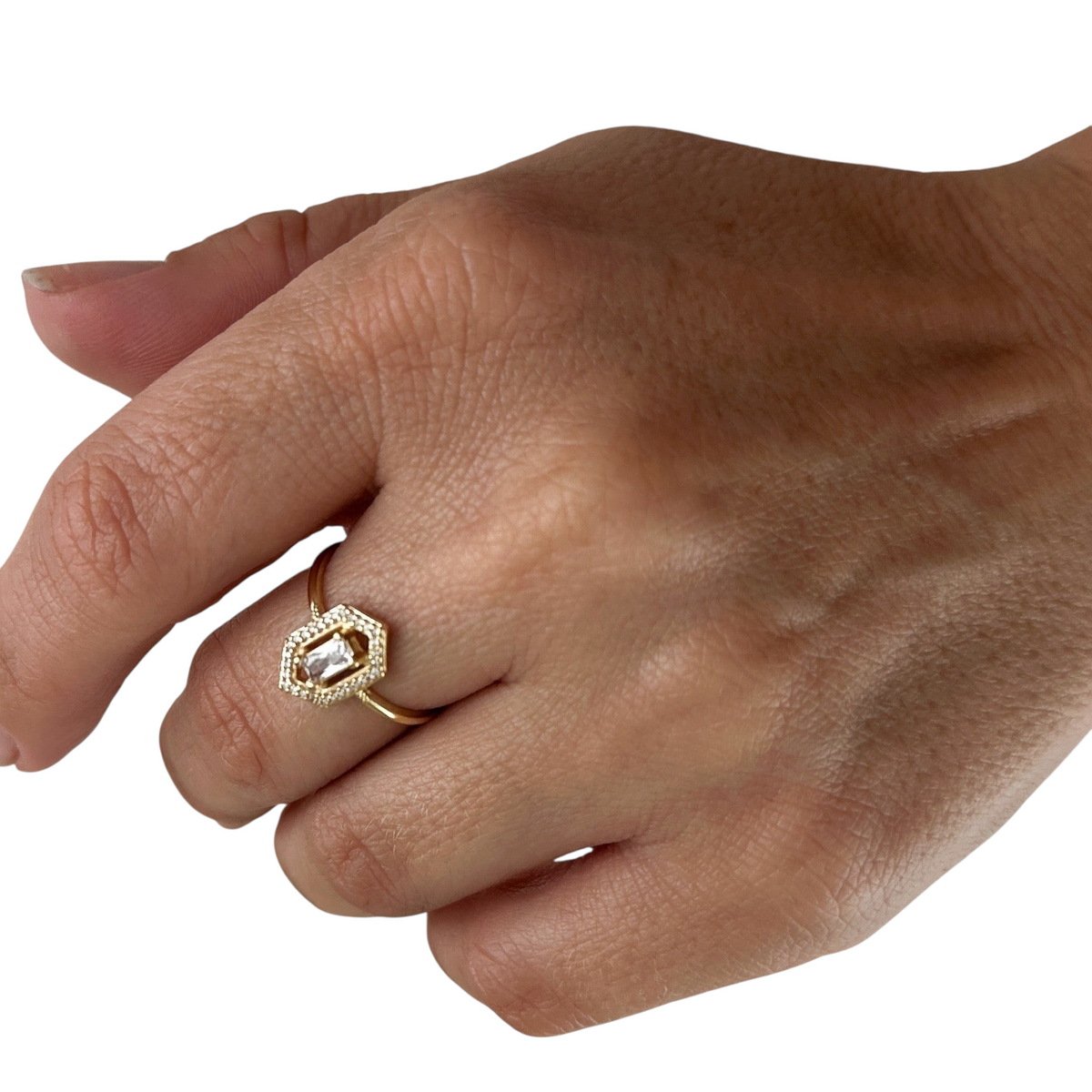 Baguette CZ Hexagon Halo Ring in 18K gold-filled, view 7
