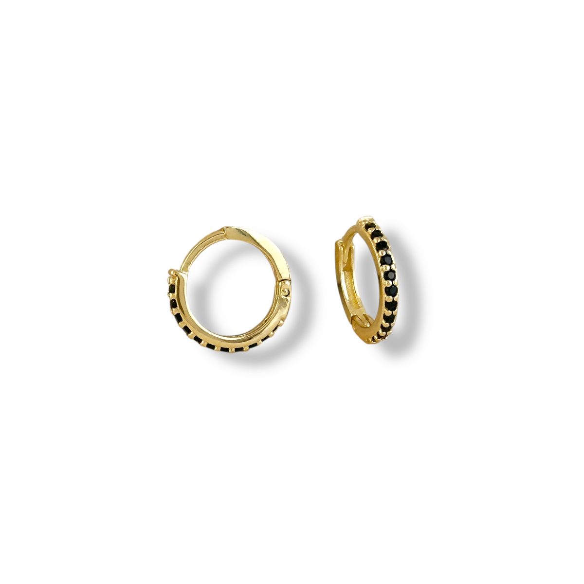CZ Huggie 15mm Hoop Earrings in 18K gold-filled, Black Onyx