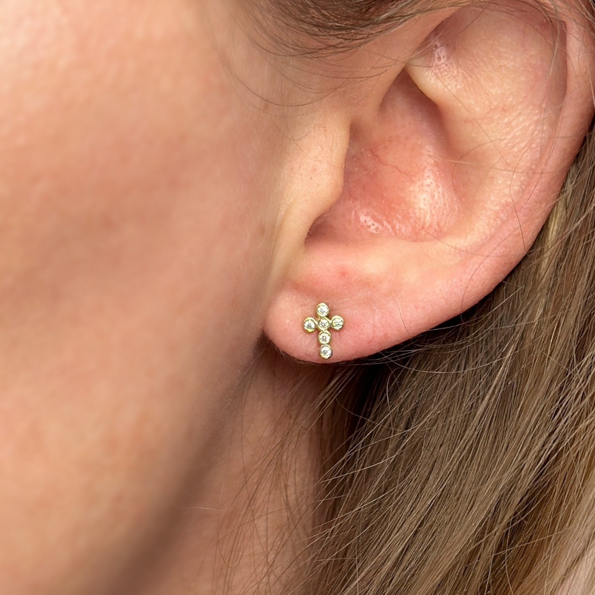 Cross Bezel CZ 7mm Stud Earrings in 18K gold-filled, view 3