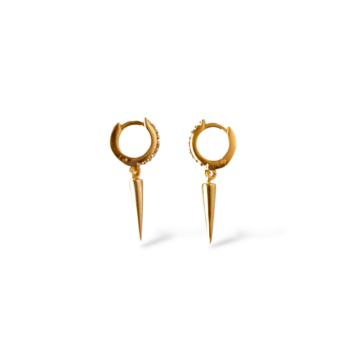 Spike Drop CZ Huggie 10mm Hoop Earrings in 18K gold-filled, view 4