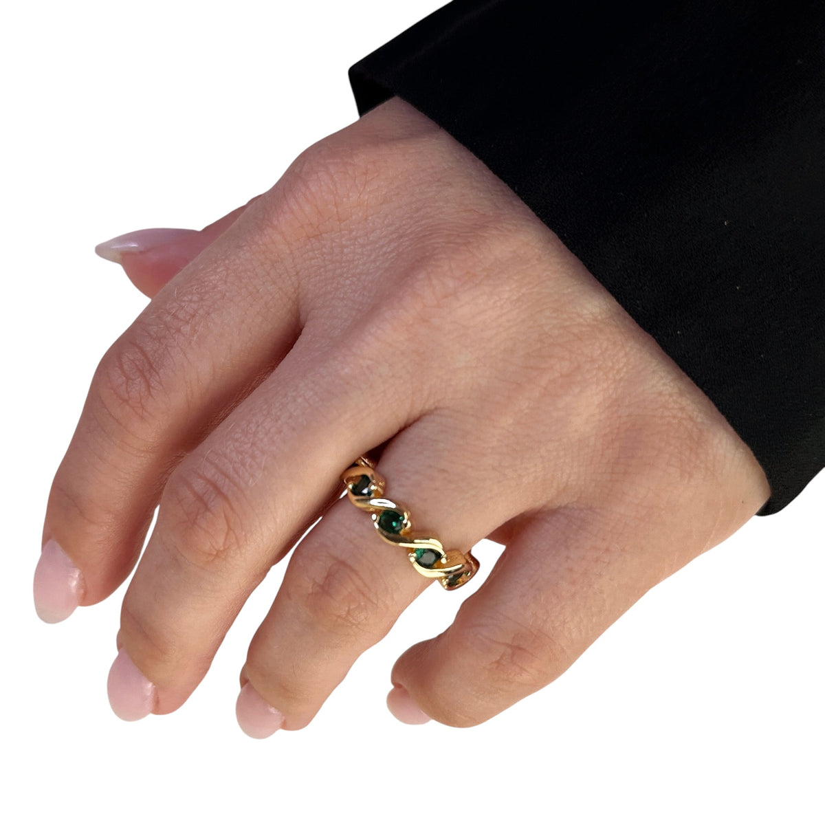 Emerald CZ Wave Eternity Rings on Hand Model