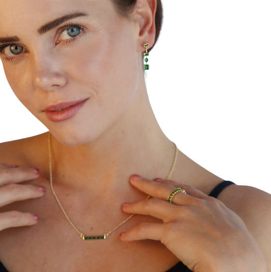 Emerald Geometric Bezel CZ Drop Earrings on Model