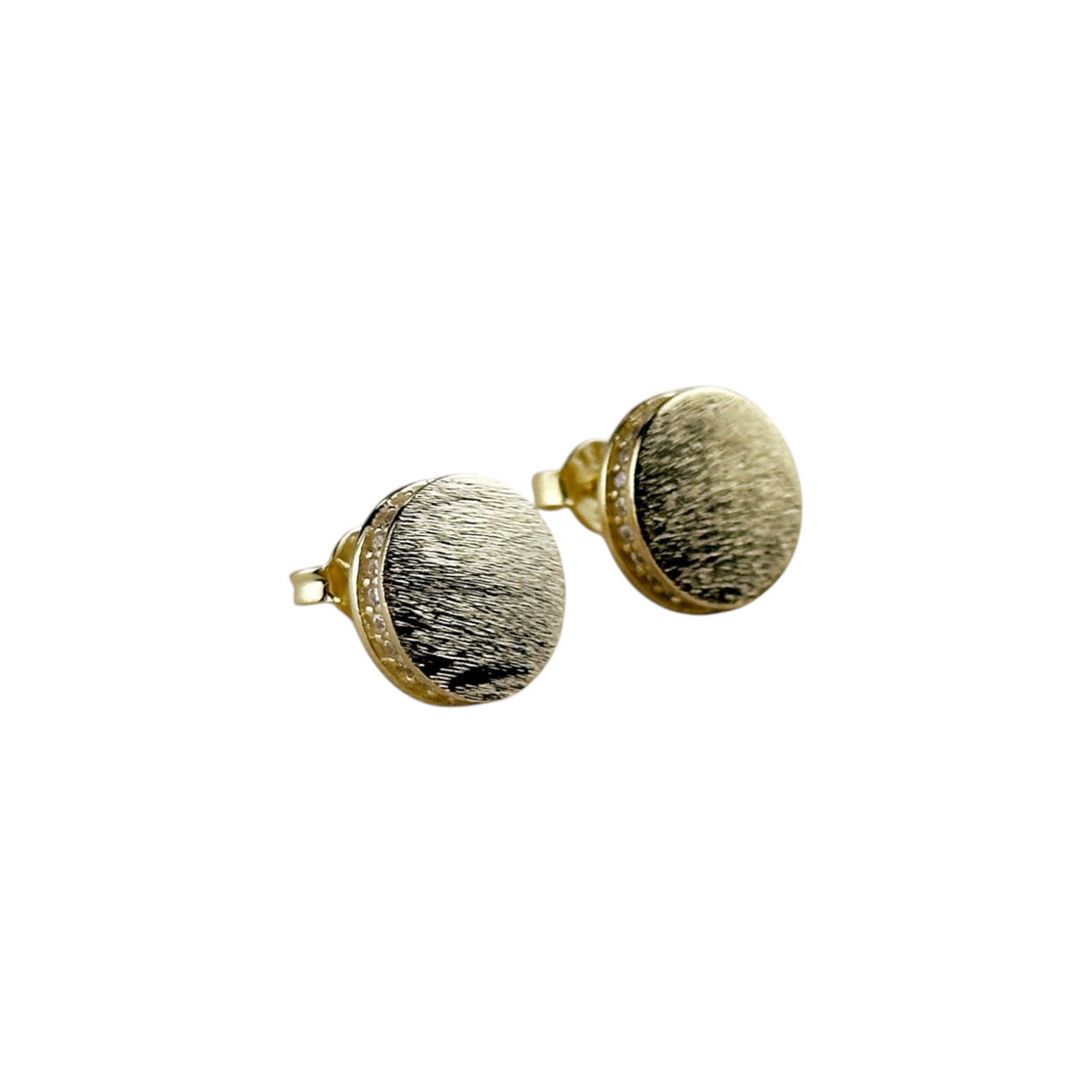 Brushed Button CZ 10mm Stud Earrings in 18K gold-filled, view 6