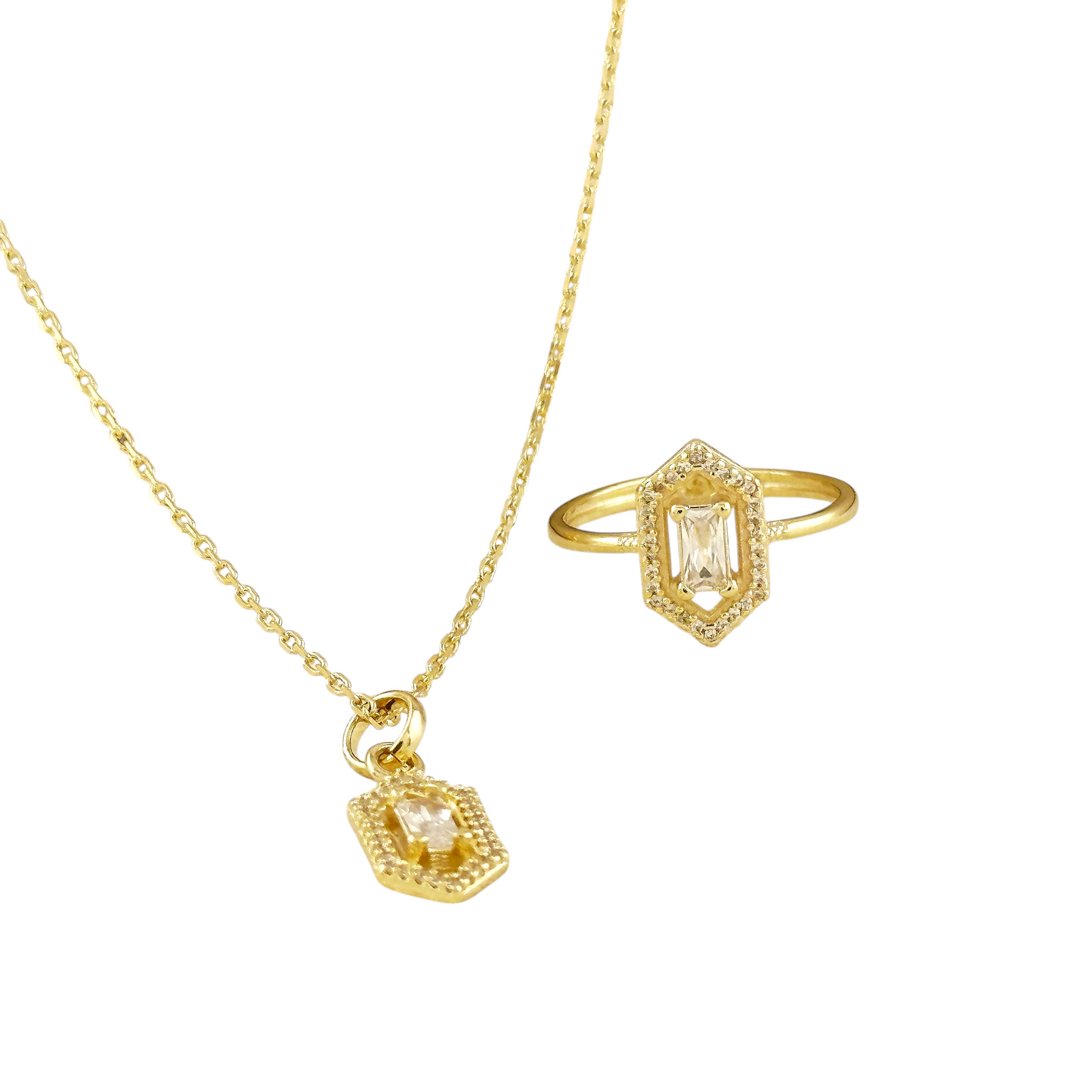 Baguette CZ Hexagon Halo Pendant 18k Gold Filled Necklace