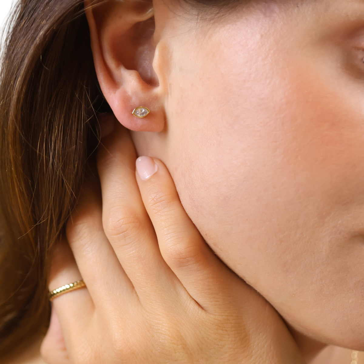 Marquise Bezel CZ 7mm Stud Earrings in 18K gold-filled, view 2