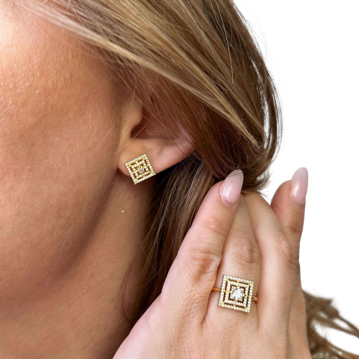 Princess Cut Double Halo CZ 10mm Stud Earrings in 18K gold-filled, view 5