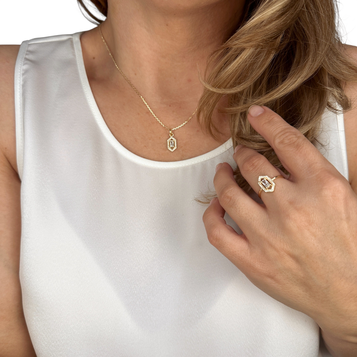 Baguette CZ Hexagon Halo Ring in 18K gold-filled, view 4