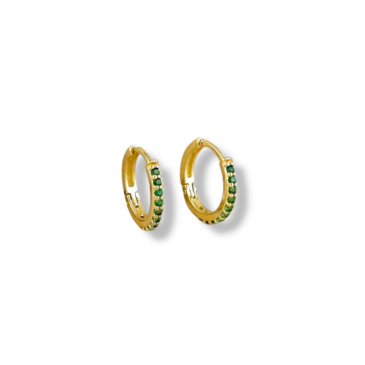 CZ Huggie 15mm Hoop Earrings in 18K gold-filled, Emerald