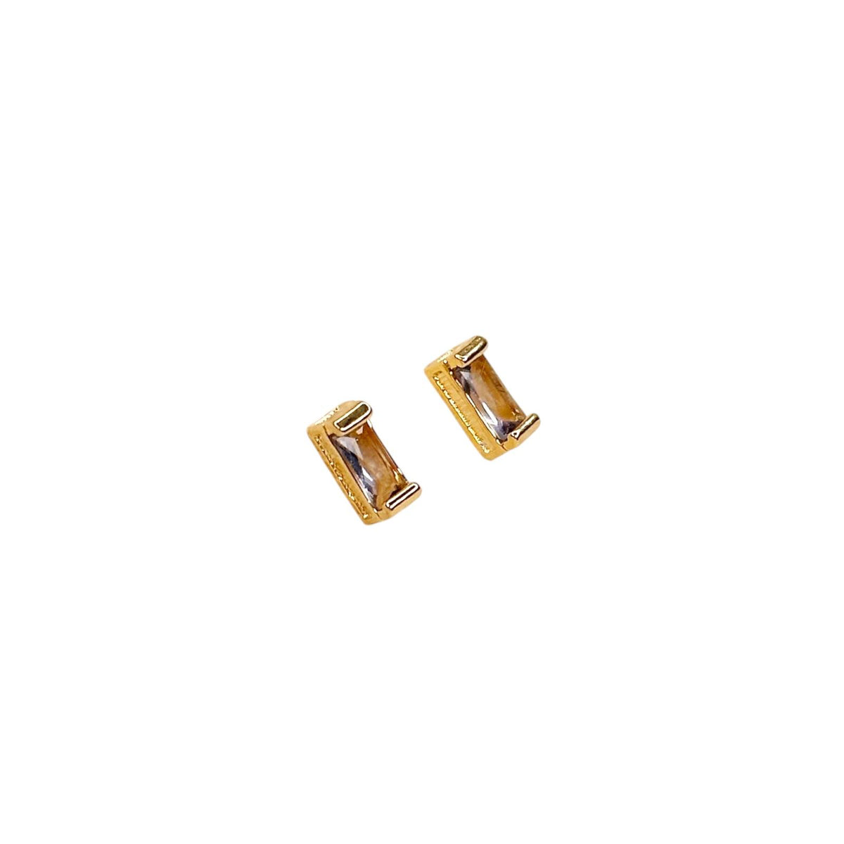Birthstone Baguette Bezel CZ 10mm Stud Earrings in 18K gold-filled, February Amethyst