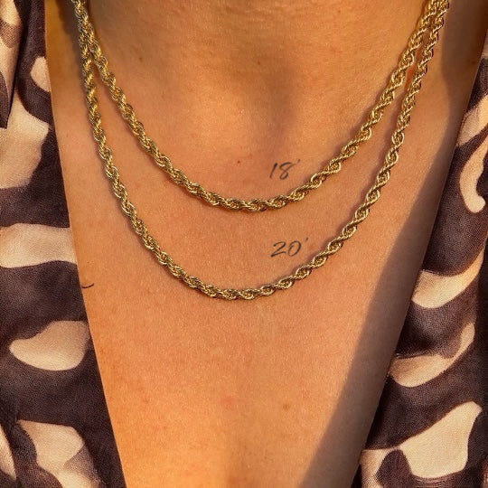 18 and 20 inch 3mm rope chain necklaces in 18K gold-filled, length comparison on the neck