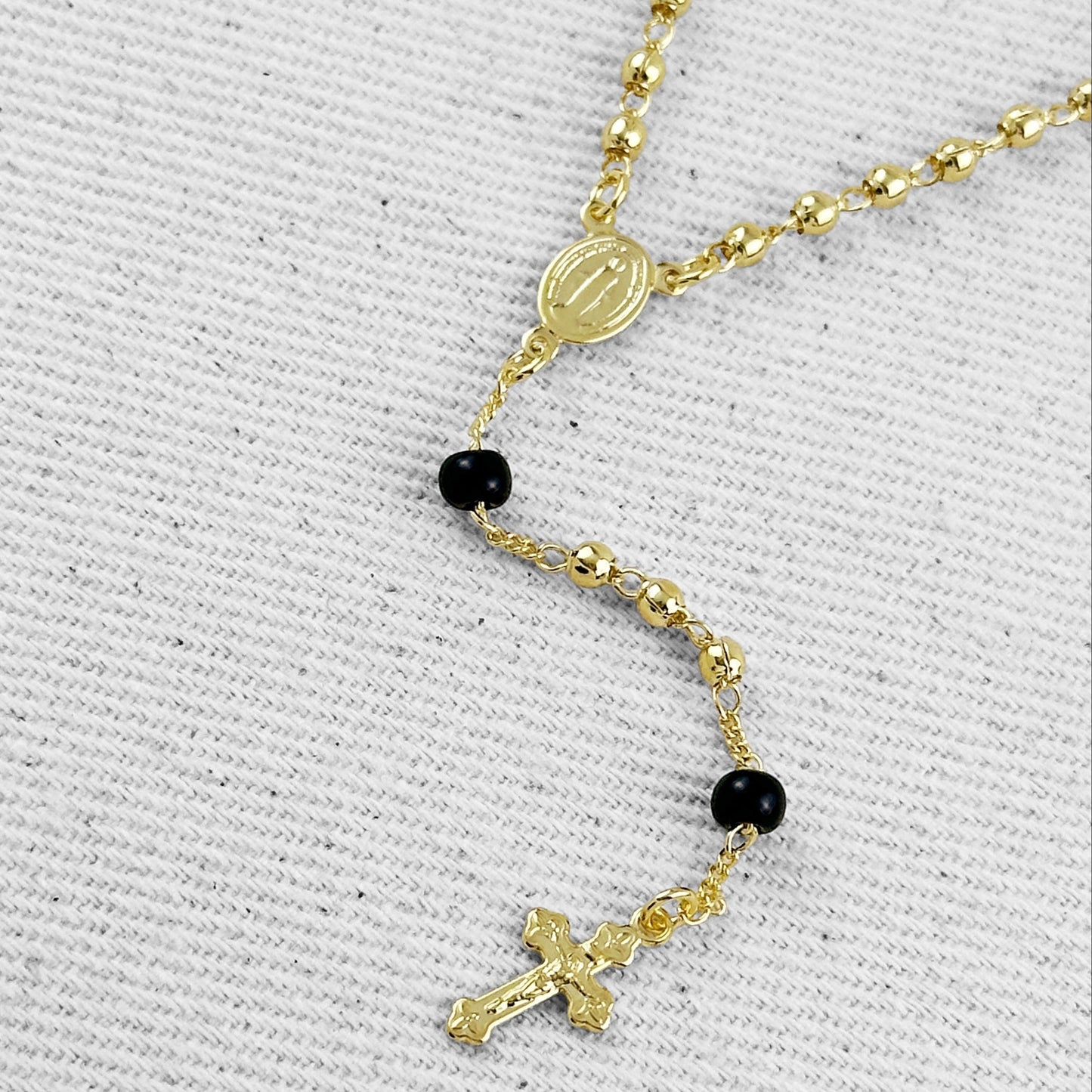 18" Our Motther of Grace Black Bead Rosary 18k Gold Filled Necklace
