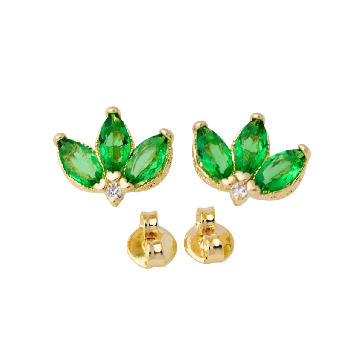 Vintage Lotus Flower Emerald CZ 11.5mm Stud Earrings in 18K gold-filled, view 4
