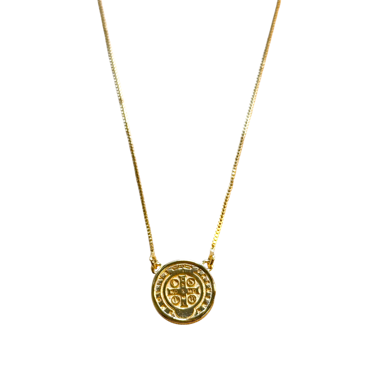 Saint Benedict Double Sided Medal Necklace in 18K gold-filled, view 2