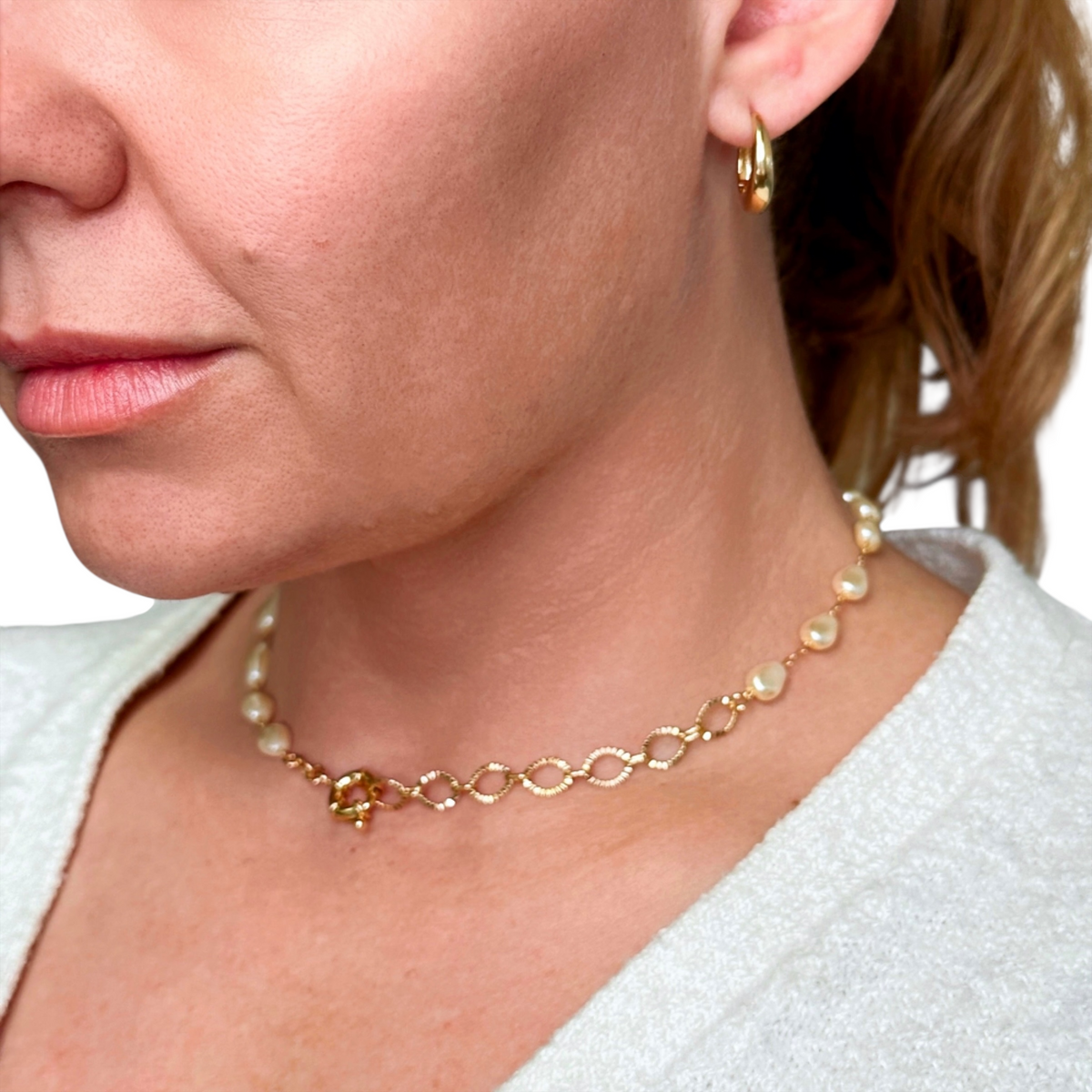 British Closure Huggie 12mm Hoop Earrings in 18K gold-filled, view 5