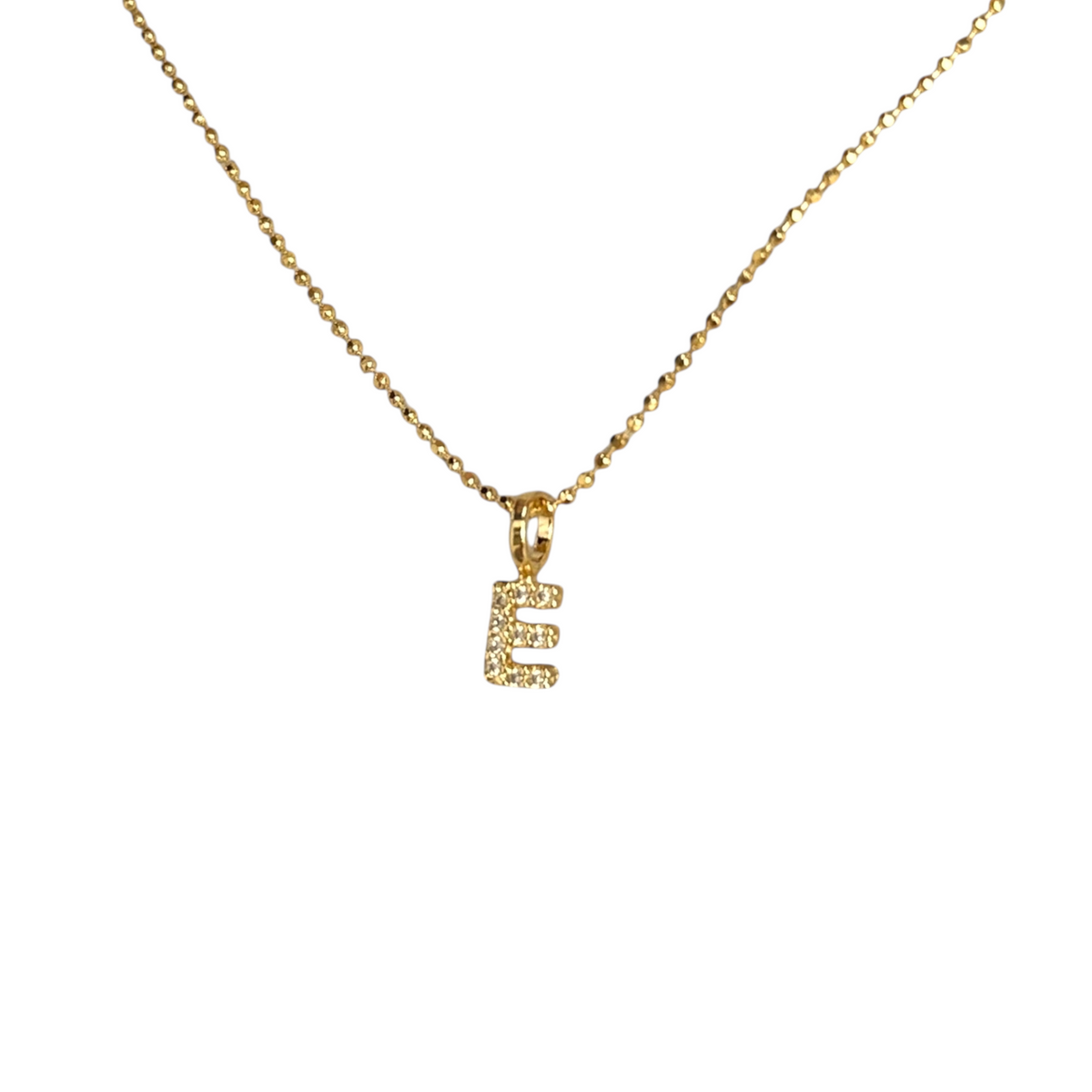 Letter E pavé CZ initial charm on an 18K gold-filled chain necklace