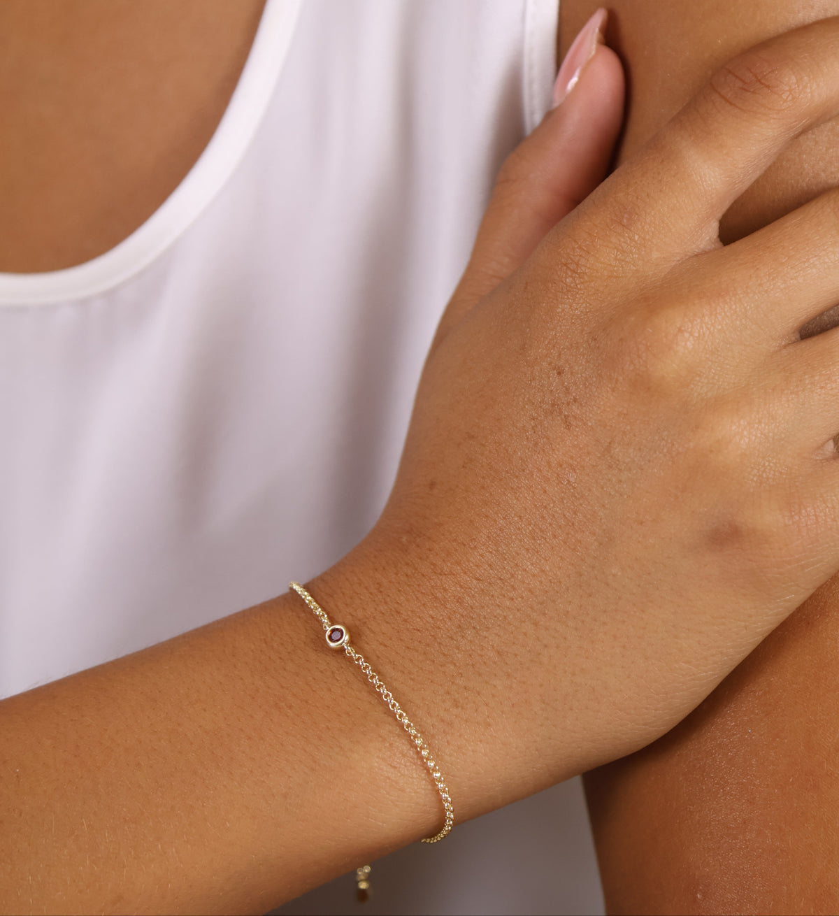 Birthstone Round Bezel CZ Bracelet in 18K gold-filled, view 5
