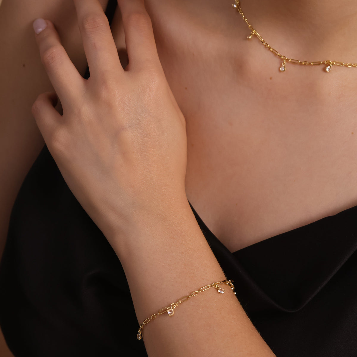 Paperclip Chain CZ Charms Bracelet in 18K gold-filled, view 2