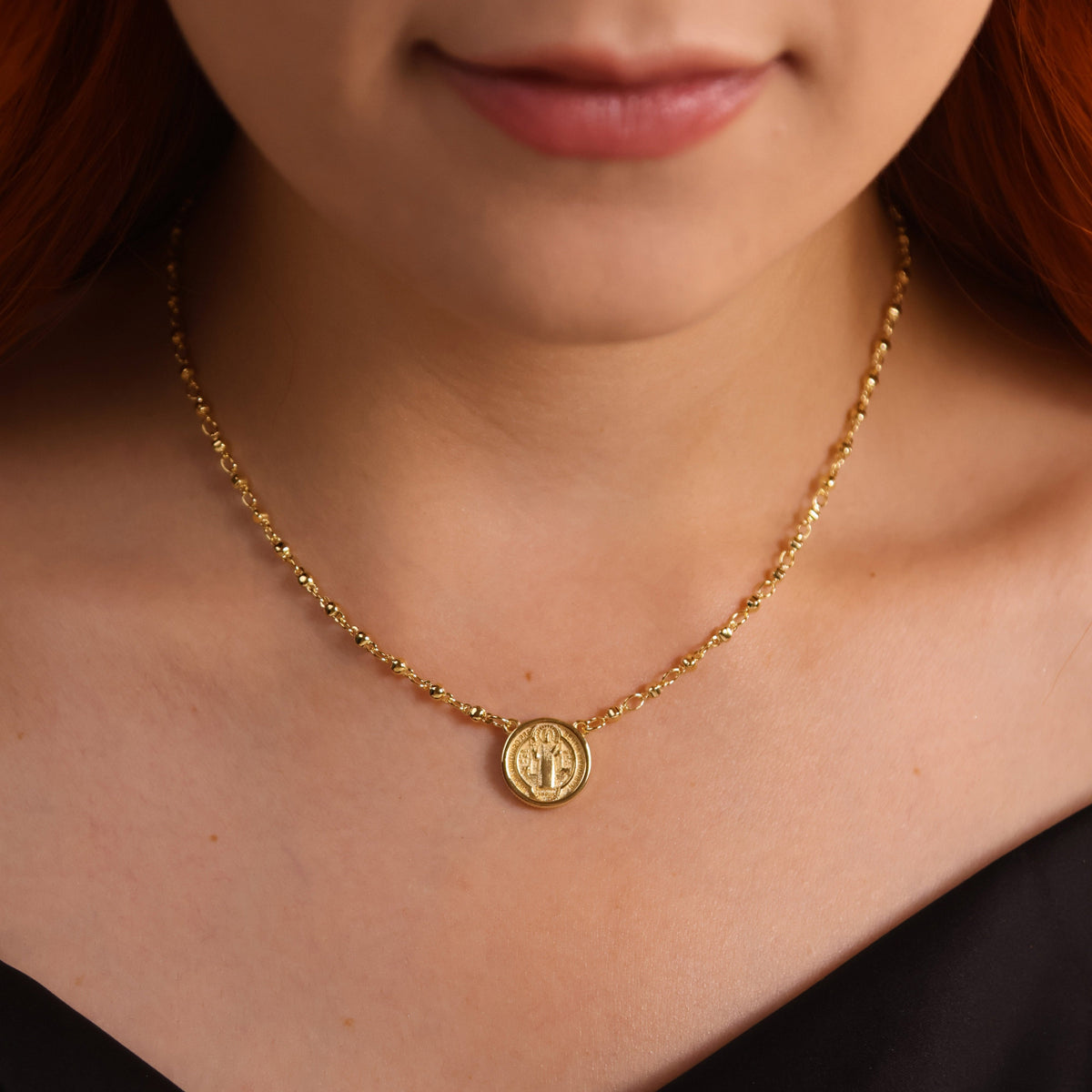 Saint Benedict Medal Bead-Chain Necklace in 18K gold-filled, view 2
