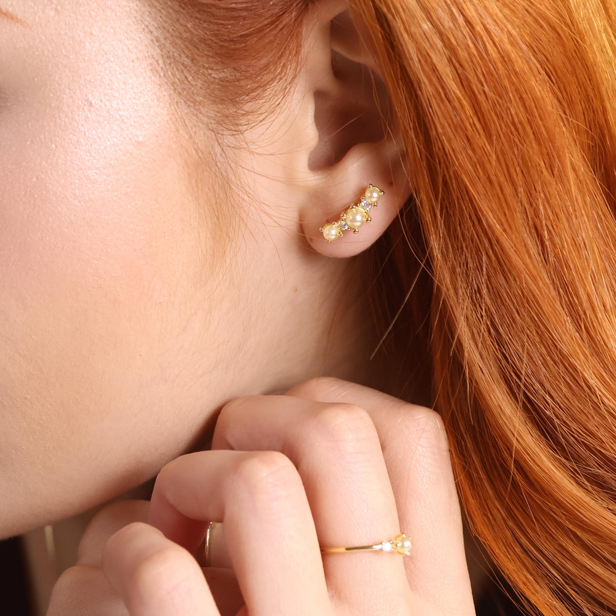 Pearl Crystal Stud Earrings in 18K gold-filled, view 3