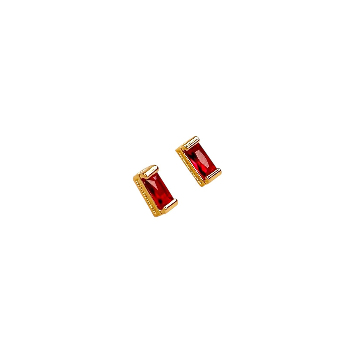 Birthstone Baguette Bezel CZ 10mm Stud Earrings in 18K gold-filled, January Garnet