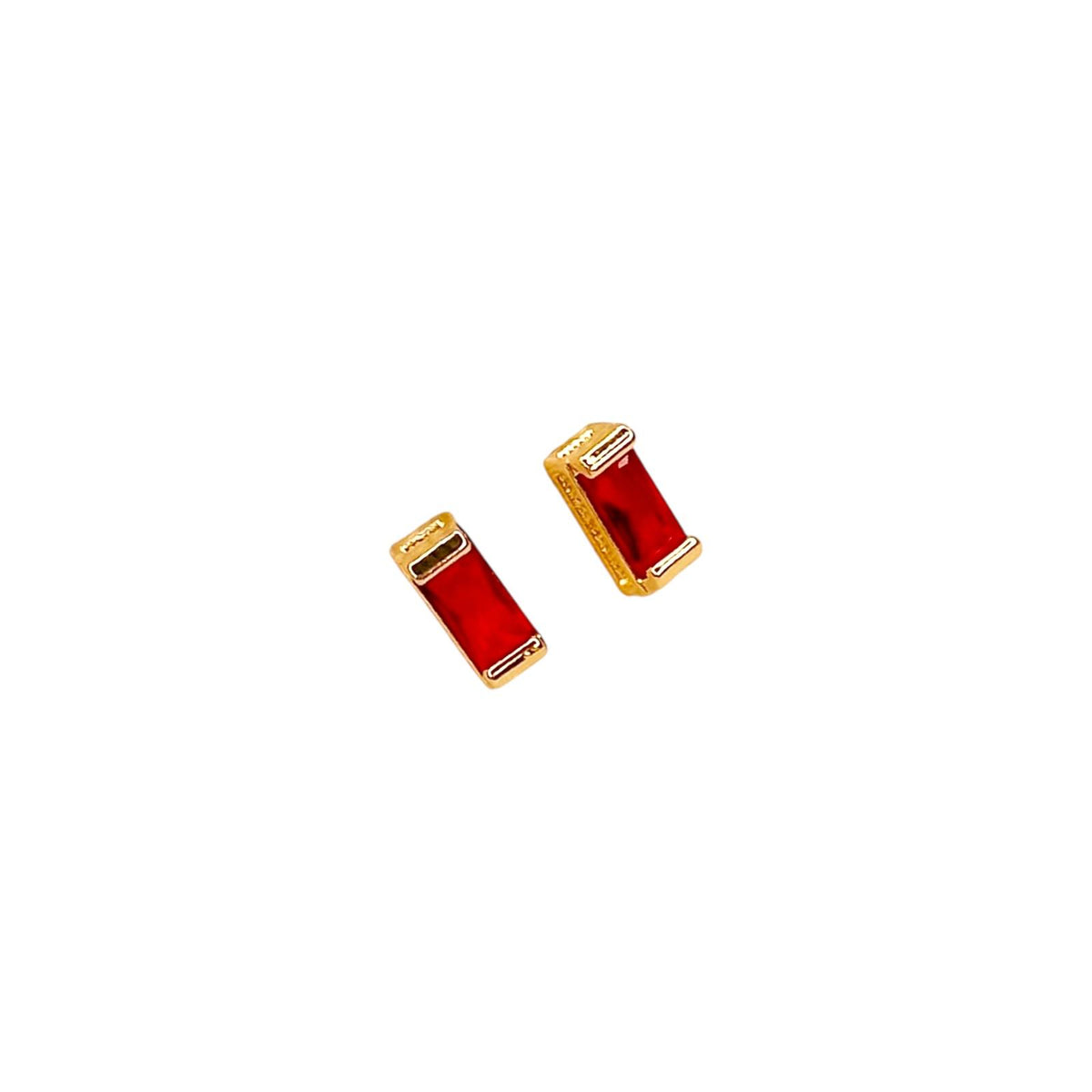 Birthstone Baguette Bezel CZ 10mm Stud Earrings in 18K gold-filled, July Ruby