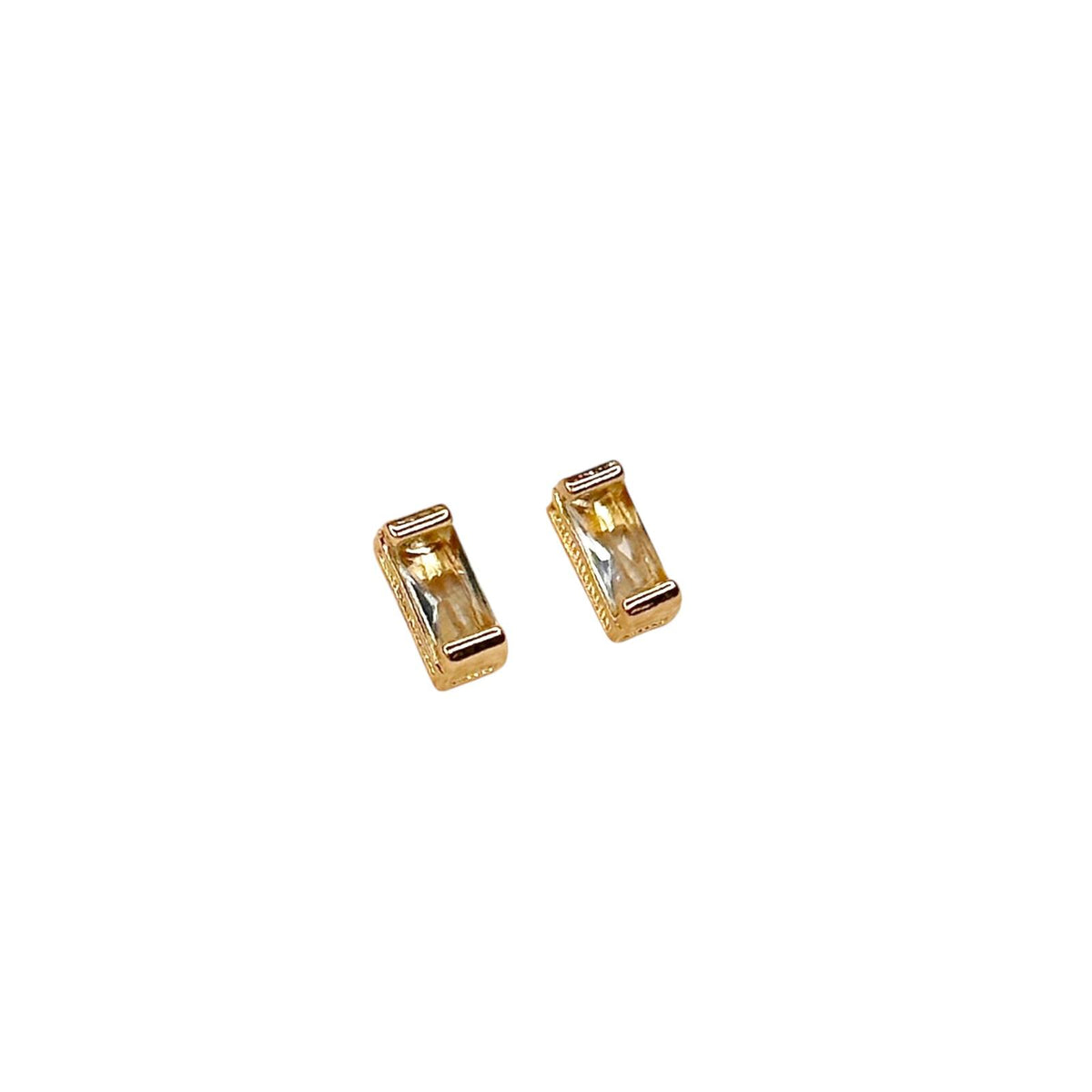 Birthstone Baguette Bezel CZ 10mm Stud Earrings in 18K gold-filled, March Aquamarine