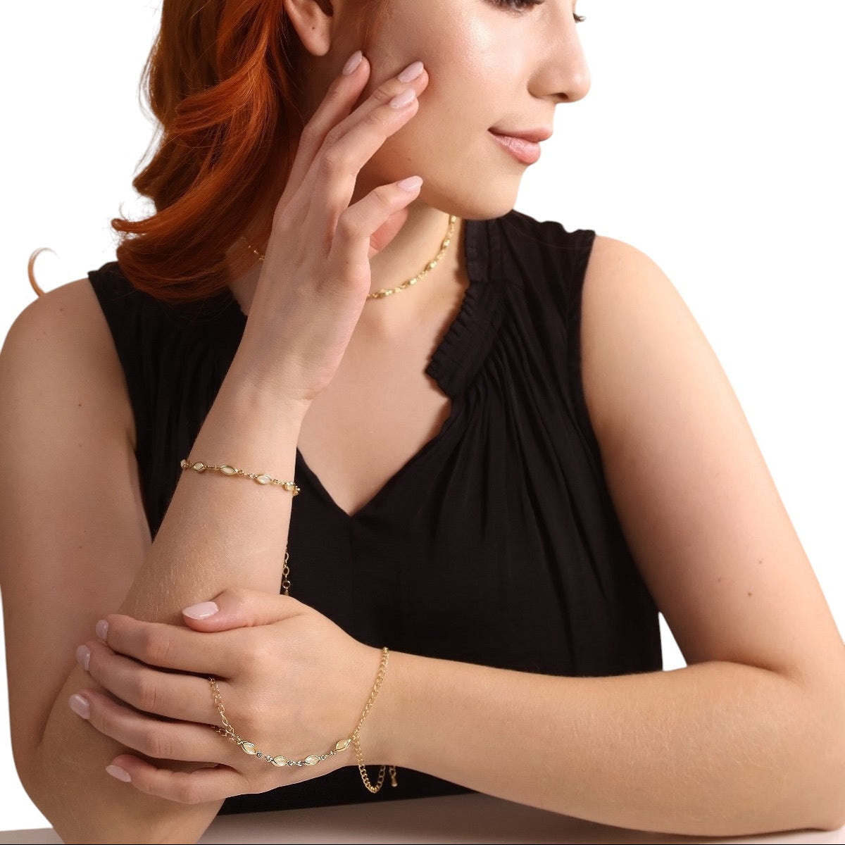 Marquise Opal Hand Chain Bracelet on Model