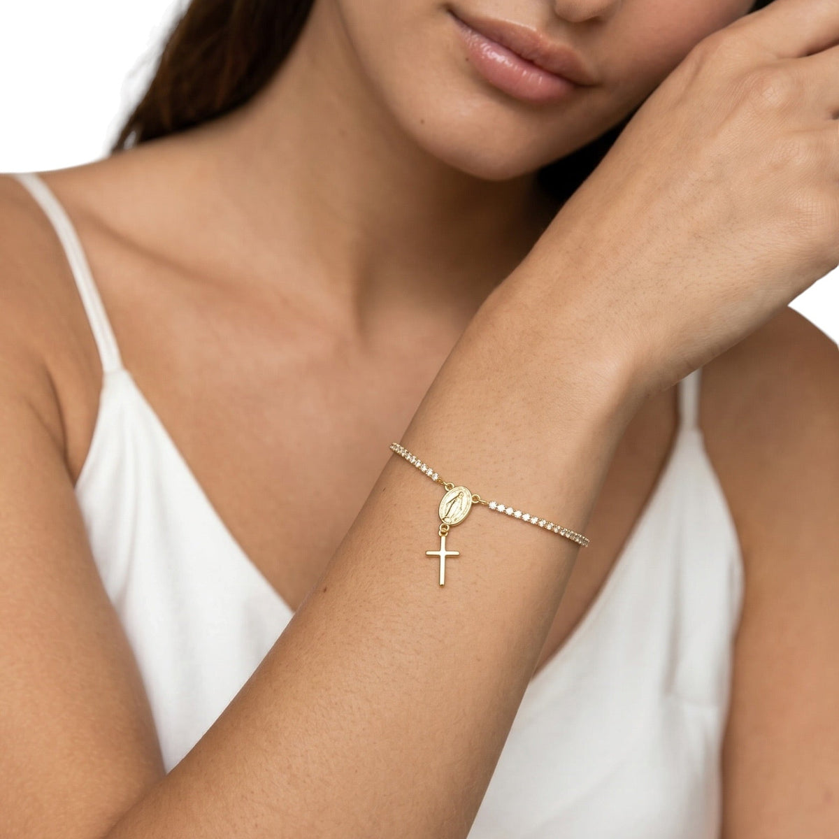 Miraculous Mary Tennis CZ Bracelet on Model