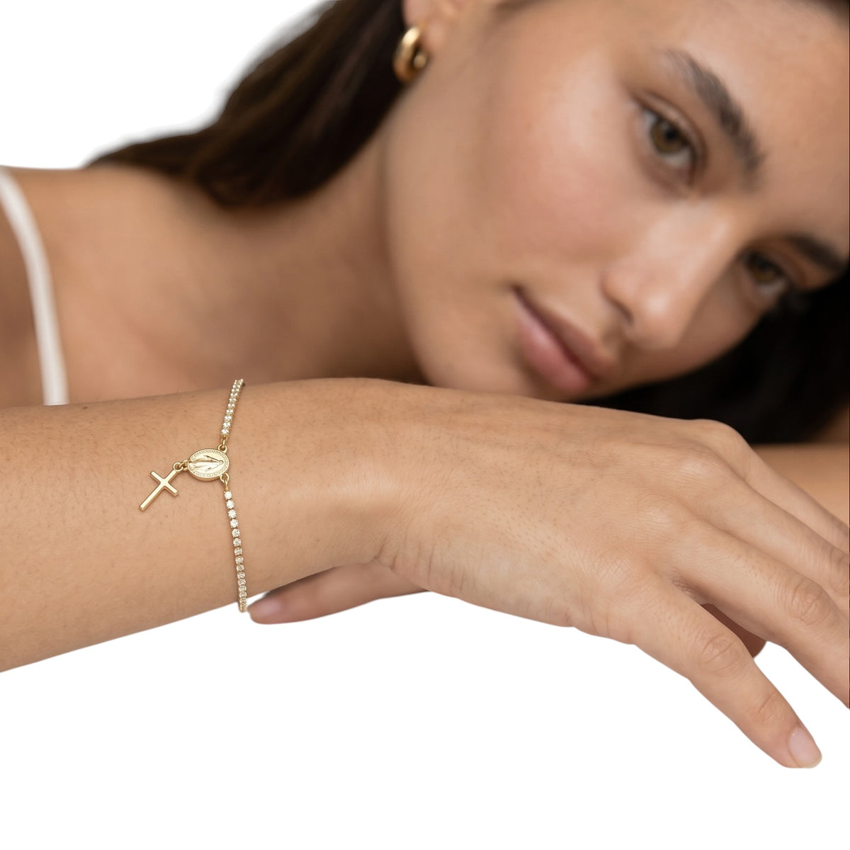 Miraculous Mary Tennis CZ Bracelet on Woman