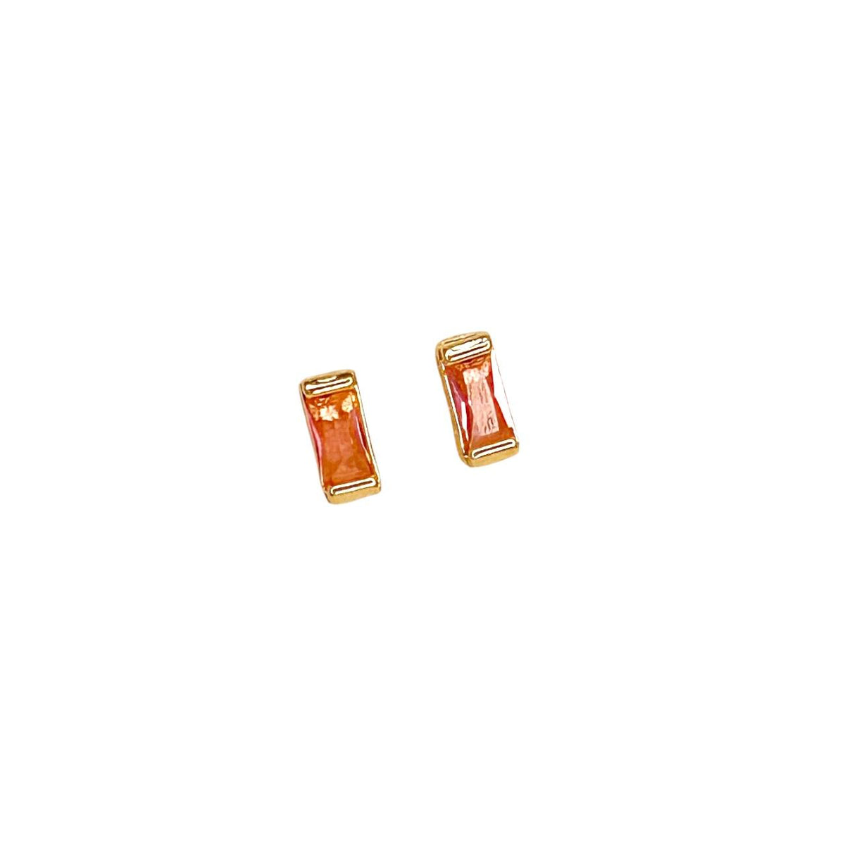 Birthstone Baguette Bezel CZ 10mm Stud Earrings in 18K gold-filled, October Pink Tourmaline