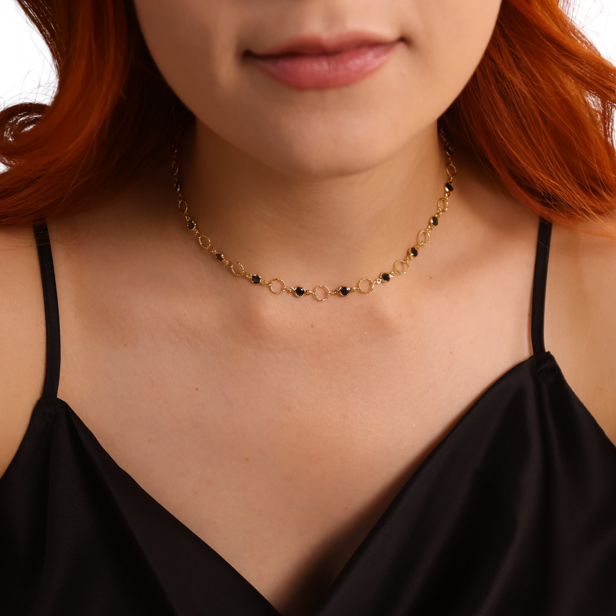 Black CZ Circles Choker Necklace in 18K gold-filled, view 4