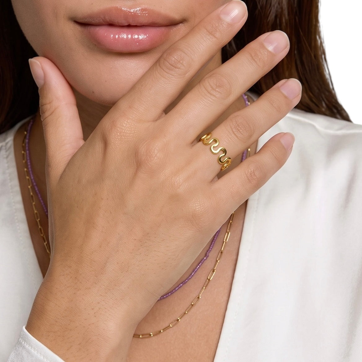 Posing Sculpted Wave Ring