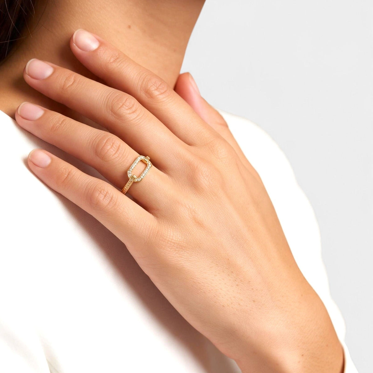Rectangle Link Pavé CZ 18K Gold Filled Ring on Model