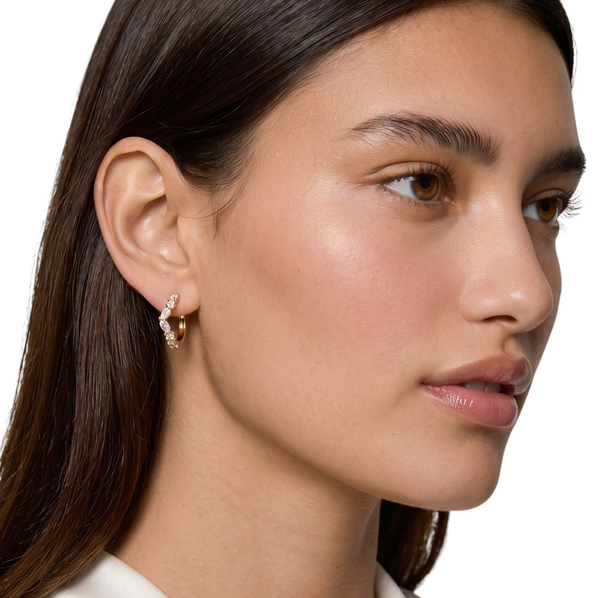 Round & Marquise CZ Open Hoop Earrings on Ear