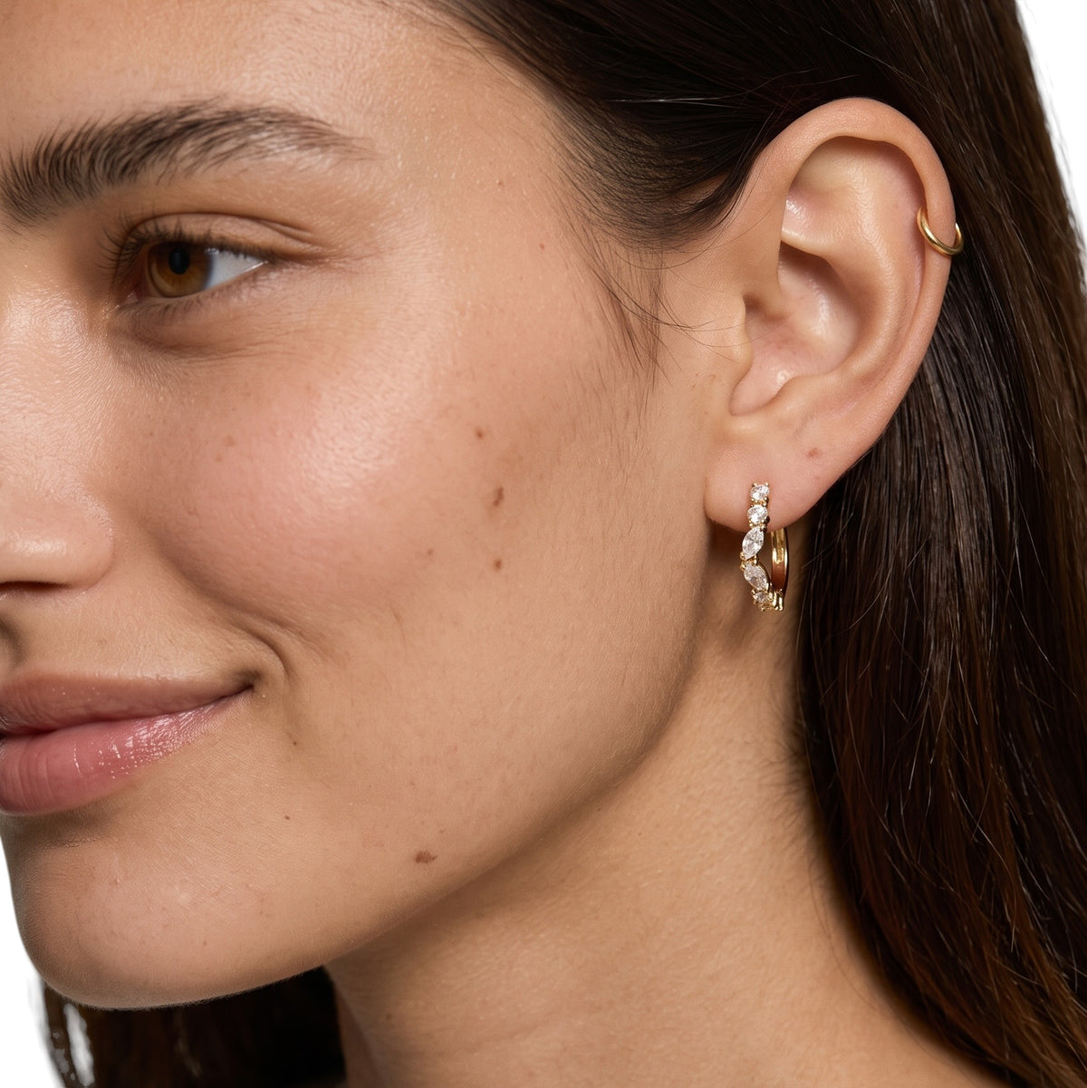 Round & Marquise CZ Open Hoop Earrings on Model