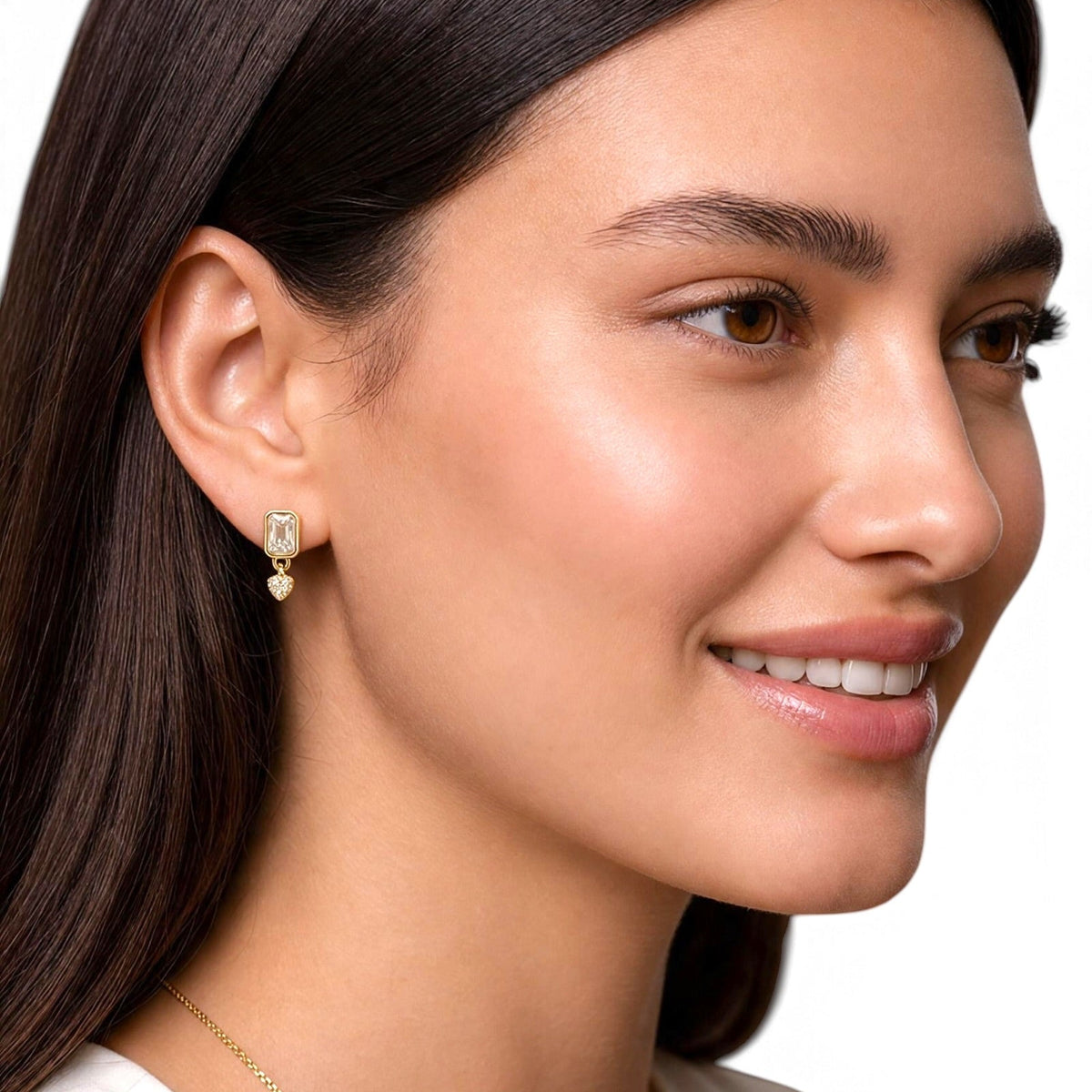 Skillus Baguette CZ Heart Drop Stud Earrings on Model