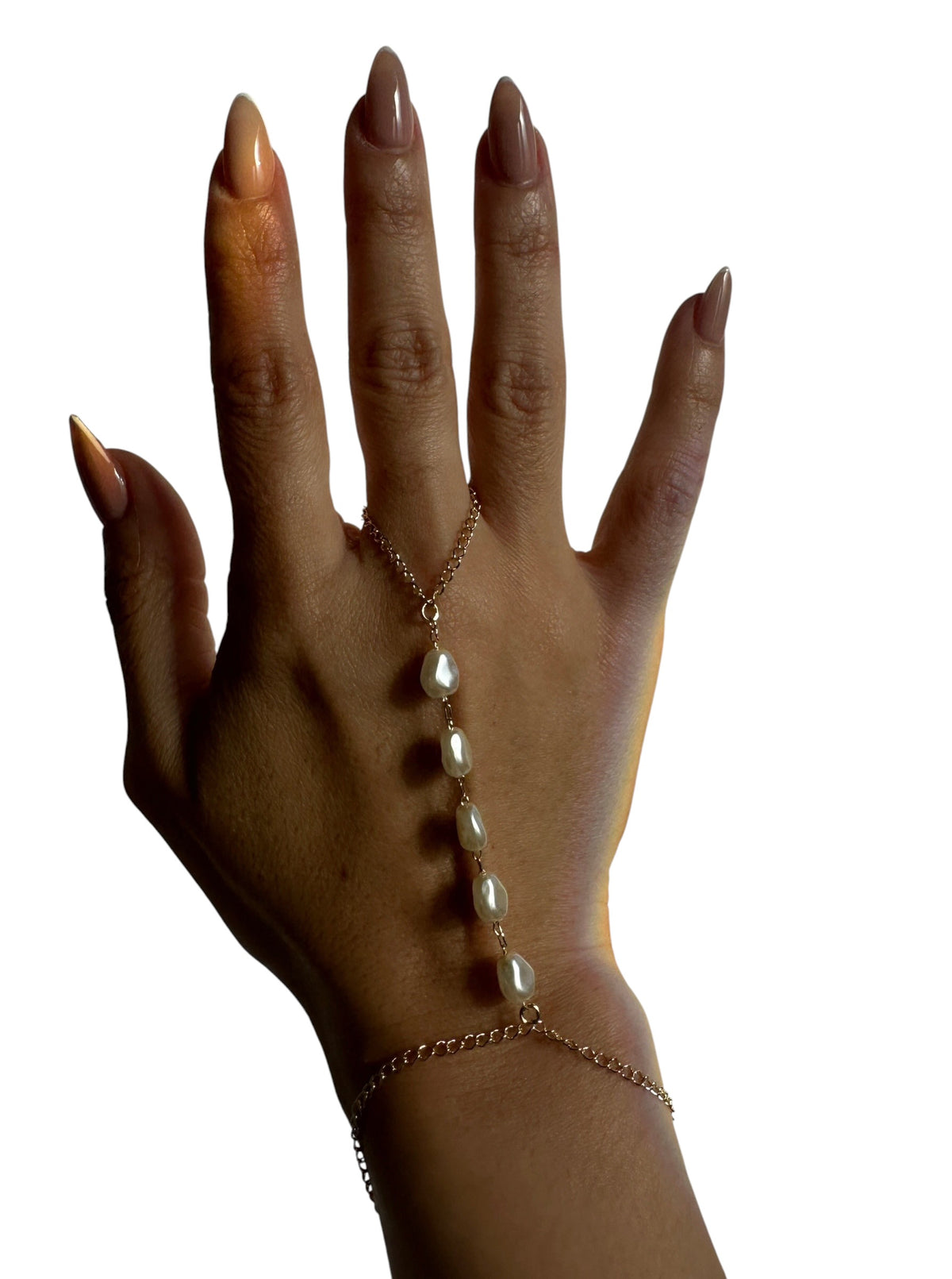 Skillus Baroque Pearl 18K Gold Filled Hand Chain Bracelet on hand