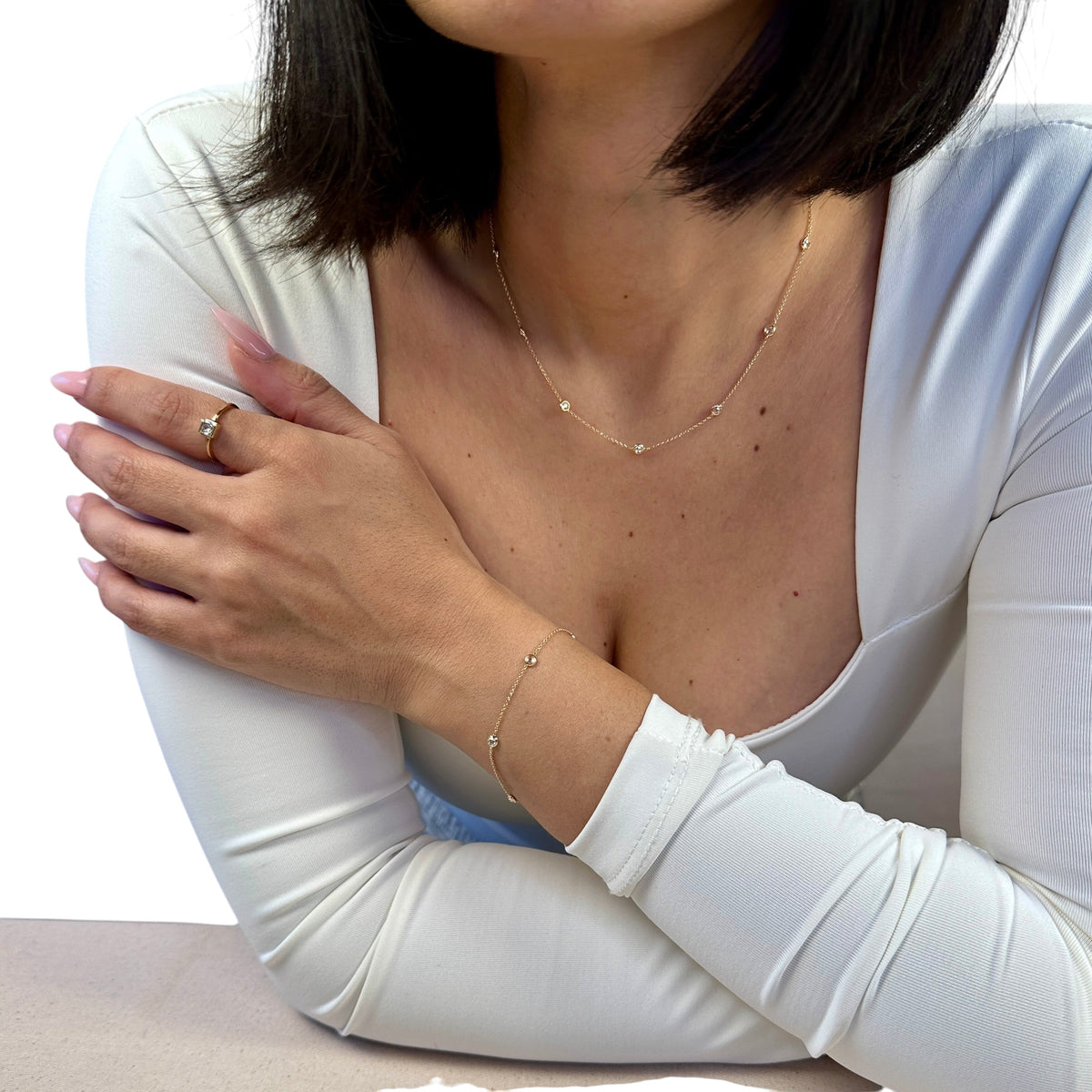 Skillus Bezel CZ Rolo Chain Necklace on Model