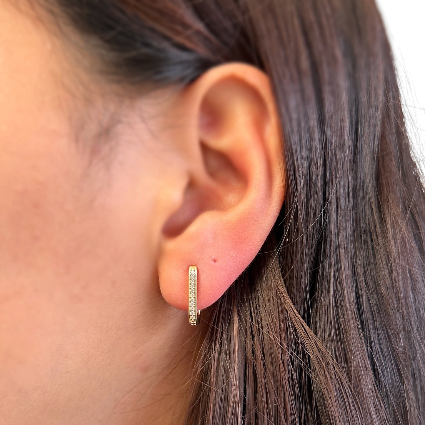Skillus CZ Rectangle Huggie Earrings on Ear