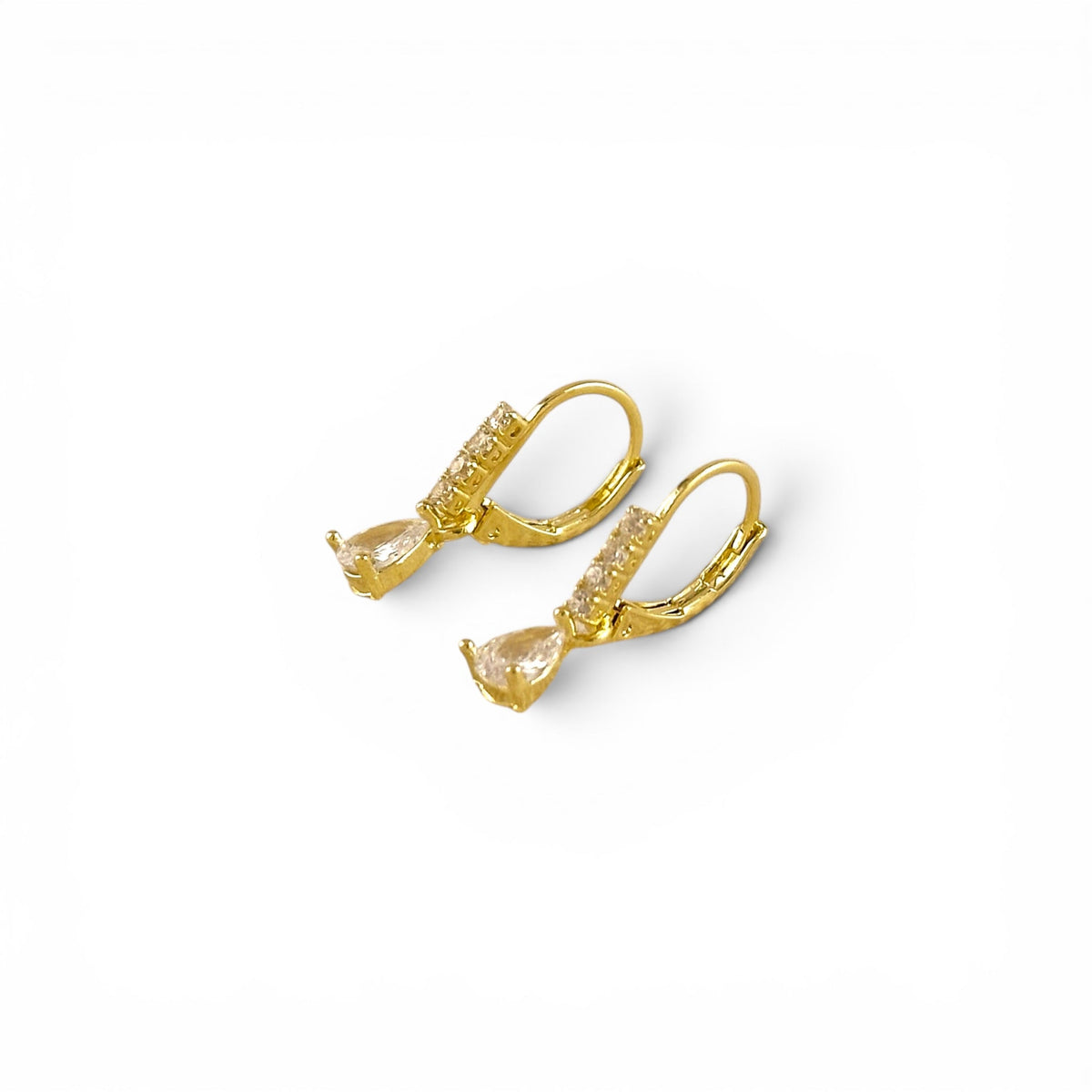 Teardrop CZ Halo Drop Earrings in 18K Gold Filled on white background