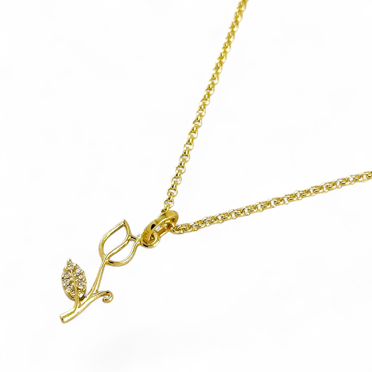 Tulip Pavé Leaf CZ Necklace in 18K gold-filled, view 5