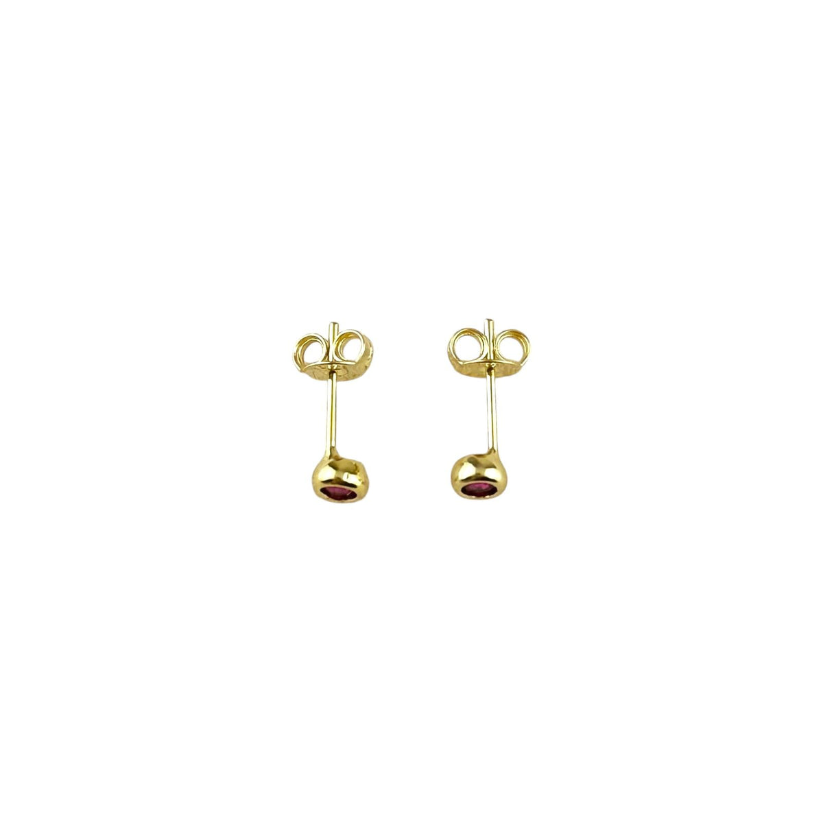 Side view of birthstone bezel 4mm stud earrings in 18K gold-filled showing the push backs